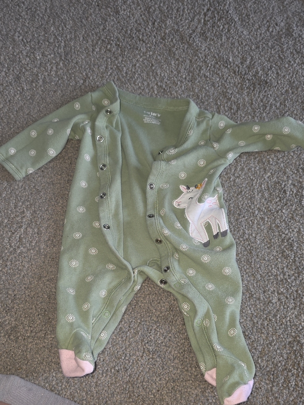 Carter's Sage Green Unicorn Footed Pajama with Pink Accents